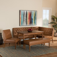 Baxton Studio BBT8051.13-TanWalnut-5PC Dining Nook Set Baxton Studio Riordan Mid-Century Modern Tan Faux Leather Upholstered and Walnut Brown Finished Wood 5-Piece Dining Nook Set